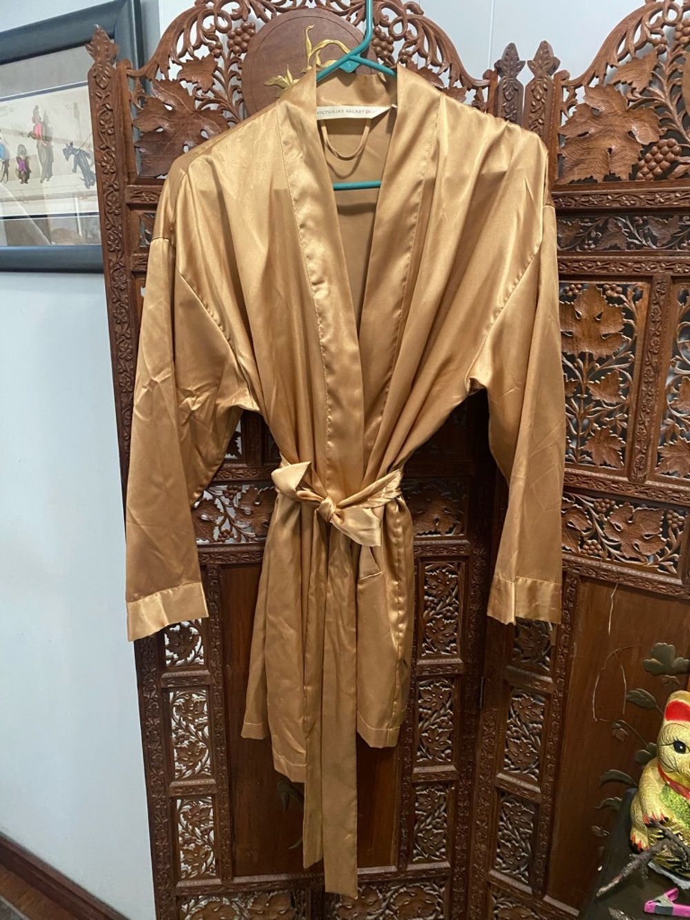 Victoria's Secret tan satin robe with pink heart label